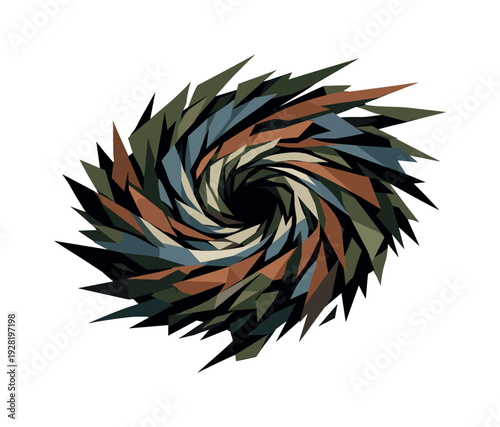 Low-poly vector illustration of a hurricane eye swirl under peak tension, spiral compressed into dense angular planes as opposing