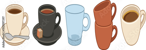 Coffee cup set with ceramic glass and takeaway mugs different hot drink containers collection for cafe menu restaurant and beverage branding design.