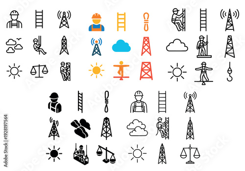 Worker safety and tower maintenance icons in construction set