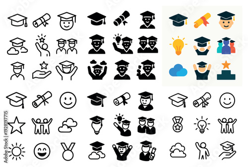 Graduation icons showing caps diplomas and celebration on white