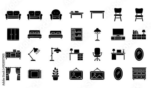 Minimal Black Home Furniture and Room Design Glyph Icons