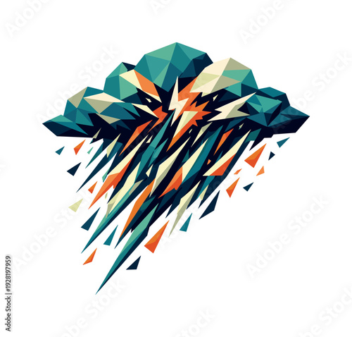 Low-poly vector illustration of a thundercloud burst rain escalating, cloud rupturing as sharp angular rain shards shoot downward