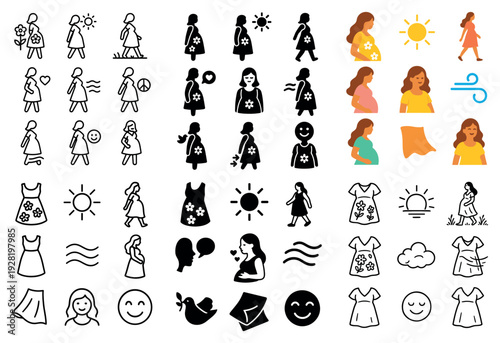 Pregnant woman icon variations showing poses and symbols