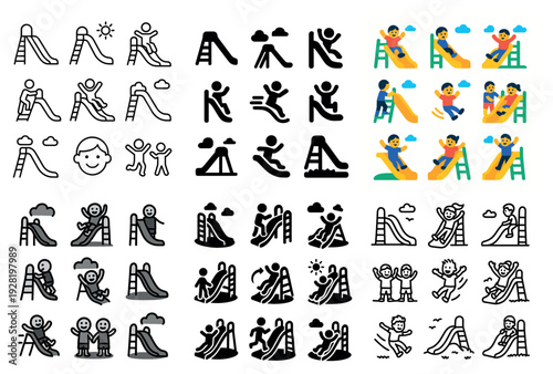 Children sliding and playing on playground slide icons grid