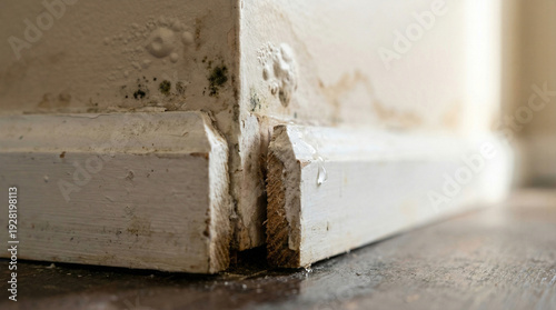 Close-up of accumulated water on a baseboard indicating a hidden pipe leak, causing paint peeling, mold growth, and interior water damage