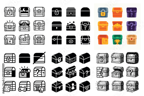 Treasure chest icons depicting locked open and mystery containers