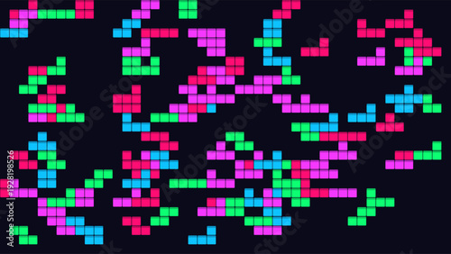 Vibrant pixelated blocks in pink, green, blue, and purple on black background