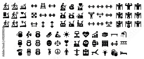 Fitness and gym icons organized in rows on white background
