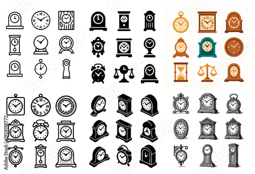 Assorted clock and alarm icons displayed on white grid