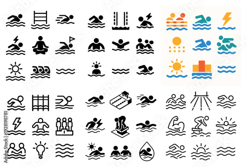 Swimming and pool activity icons showing training and recreation