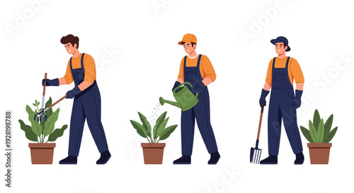 Illustration of three individuals tending to plants, engaging in gardening activities like pruning, watering, and digging