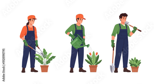 Illustrations depict gardeners performing plant care. People prune, water, cultivate potted plants, symbolizing dedication to horticulture, nurturing growth, and joy of home gardening