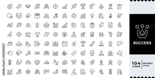 Success editable stroke outline web icons set. Success, achievement, successful, strategy, winner, teamwork, goal, brainstorm, challenge goal, achieve, win, Editable  icon set