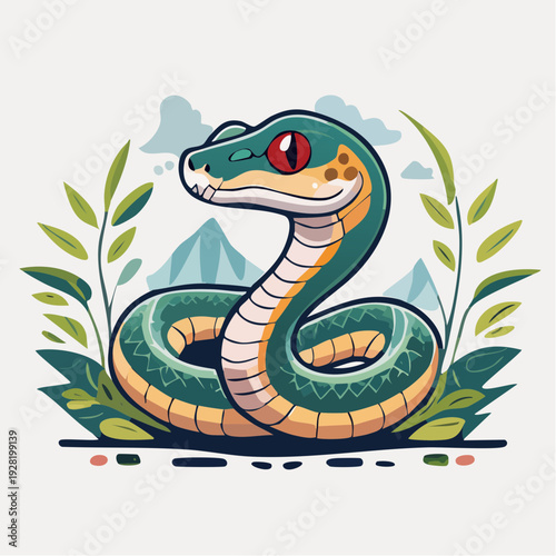 Colorful Cartoon Snake Illustration with Leaves.