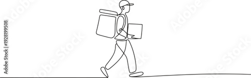 A delivery worker moves efficiently with packages in this continuous line art.