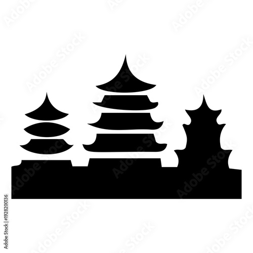 Black Silhouette of Asian Pagodas and Temples