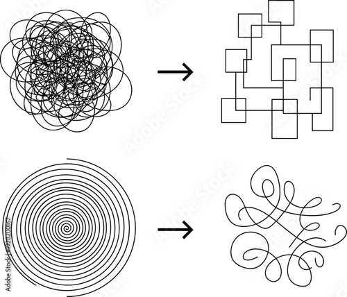 Chaos to order concept vector illustration with messy scribble transforming into organized abstract shapes