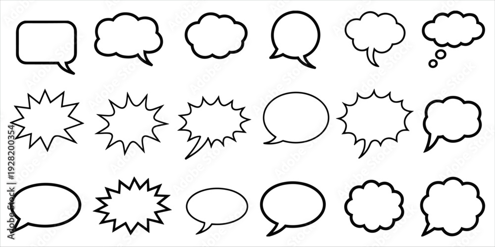 Fototapeta premium Collection of outline speech bubbles and thought clouds on white background thought bubble comic