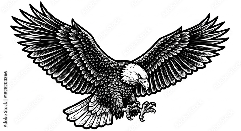Obraz premium Dynamic Action Pose of a Flying Eagle in Black and White Ink Style Displaying Spread Feathers and Intense Predator Instincts for Logo Design