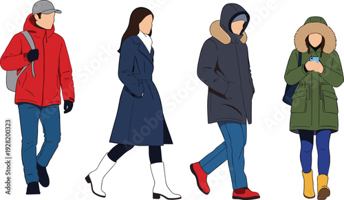 Flat vector illustration of diverse people wearing winter jackets, coats, and boots walking outdoor, isolated on white background