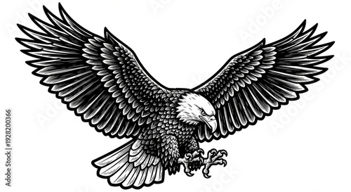 Dynamic Action Pose of a Flying Eagle in Black and White Ink Style Displaying Spread Feathers and Intense Predator Instincts for Logo Design