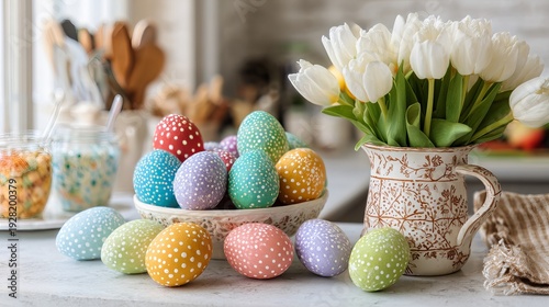 A beautifully decorated Easter scene with colorful eggs and white tulips in a vase on a kitchen counter
