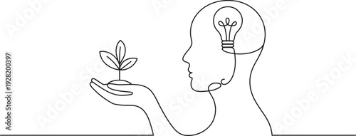 A continuous line drawing illustrates an innovative idea growing into a new concept.