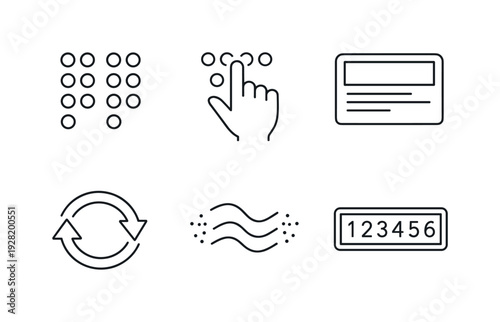 Braille Device Icons. Line style vector icons of Braille reading device: Braille-dot grid icon, touch-finger motif, screen-text