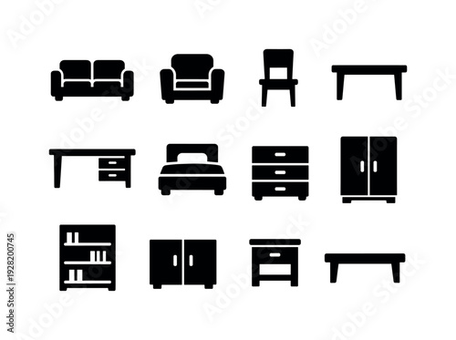 Solid vector icons of furniture update: sofa, armchair, chair, table, desk, bed, dresser, wardrobe, bookshelf, cabinet,