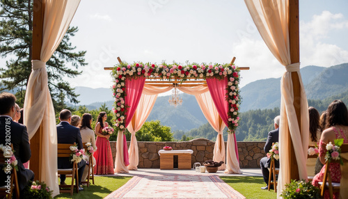 Elegant Outdoor Wedding Ceremony with Scenic Mountain View