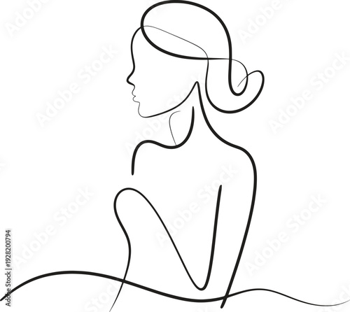 A continuous line drawing captures a woman's serene profile looking to the side.