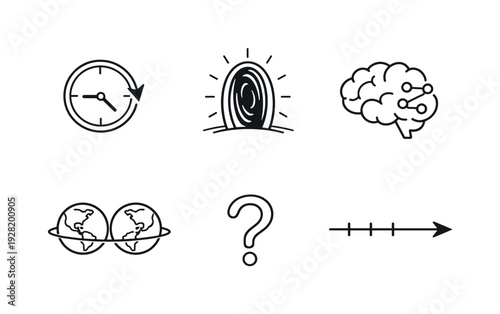 Line style vector icons of temporal paradox and memory theories: clock-arrow outline, portal-motif icon, brain-memory symbol,