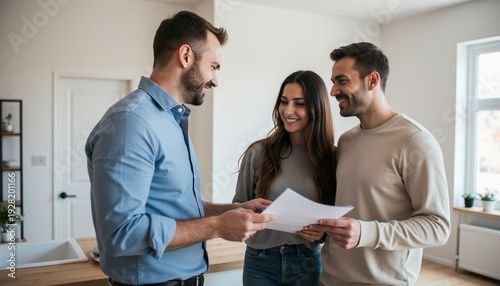 Happy couple receiving important documents in modern home setting