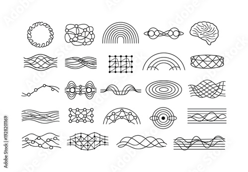 Line style icons of macroscopic cognitive coherence: neural field ring, quantum pathway patch, coherent pattern arc, entangled