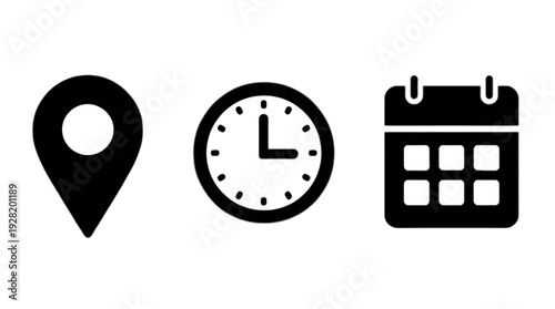 Simple black icons representing location time and a calendar date