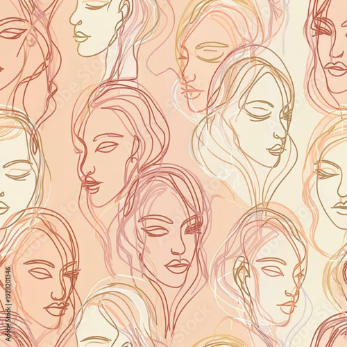 Abstract Line Art of Female Faces in Soft Pastel Colors