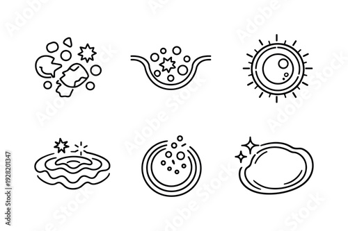 Line style icons of cellular debris processing: waste grain group, capture membrane fold, digestion core sphere, enzymatic ripple