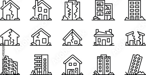 Black and white illustrations of various damaged houses and buildings