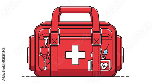 Red Medical First Aid Bag with Healthcare Equipment Illustration