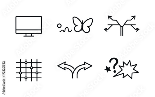 Line style vector icons of simulation chaos effect: monitor-outline icon, micro-change motif, branching-path icon,