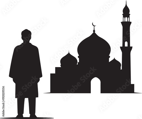 Silhouette man standing facing mosque, traditional Islamic clothing