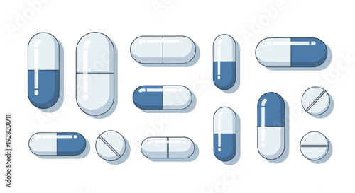 Realistic Blue and White Medicine Capsules and Pills Set