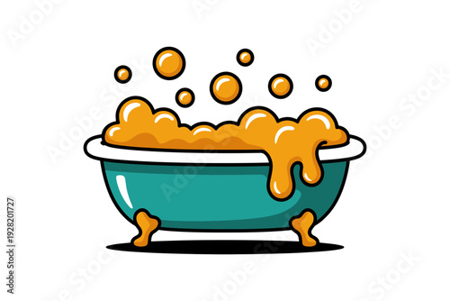 A cartoon teal bathtub filled with overflowing yellow bubbles illustration