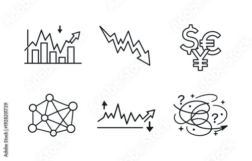 Line style vector icons of chaos in economics: stock-chart icon, fluctuating-arrow motif, currency-symbol outline, network-graph