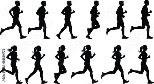 Black silhouettes of men and women running and jogging in different phases of motion representing fitness marathon training active lifestyle and athletic endurance concepts