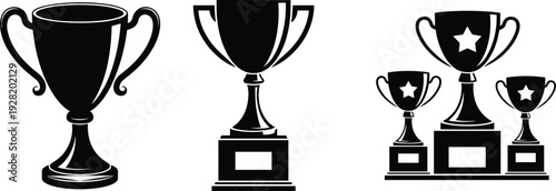 Trophy cup collection silhouette, winner award prize symbol, success achievement concept, championship victory icon set, black vector illustration