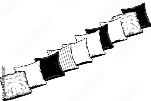 A pillow illustration set of various black and white cushions