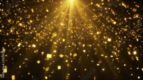 Golden confetti falling from bright light beams against a dark background celebrating a special event or achievement Keywords: gold confetti, falling
