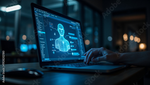 Computer Screen Displaying 3D Model with Coding Interface at Night