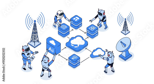 Robots interacting with cloud storage servers and communication towers in a futuristic network environment from an aerial viewpoint